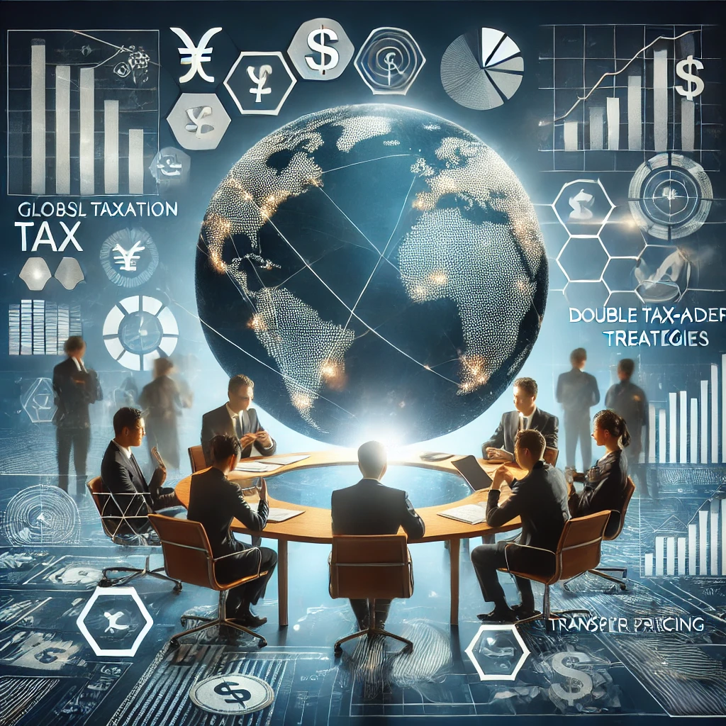 A professional illustration representing international taxation services, featuring a globe with financial charts, legal documents, and currency symbols. The image includes diverse professionals in business attire discussing global tax strategies, with icons for cross-border compliance, double taxation treaties, and transfer pricing in the background. The setting is modern and corporate, with a focus on clarity and professionalism.